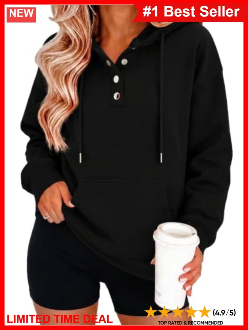 Zeagoo Women's V-Neck Button Front Hoodie Oversized Sweatshirt